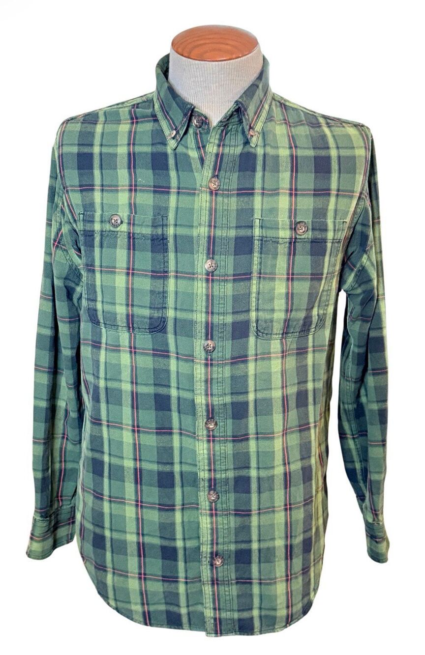 Duluth Trading Co Flannel Shirt Men Medium Green Plaid Trim Fit Button Down